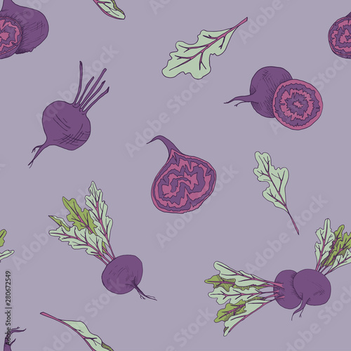 Seamless food pattern with beetroot vegetables on a purple background