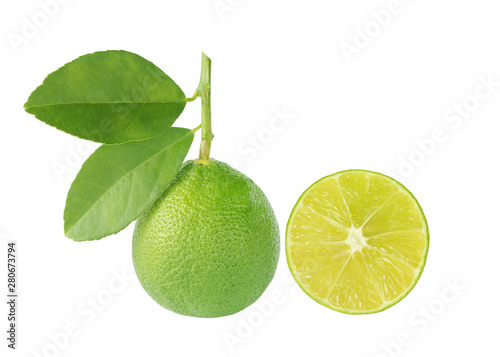 Green lime with leaf and lime isliced solated on white background