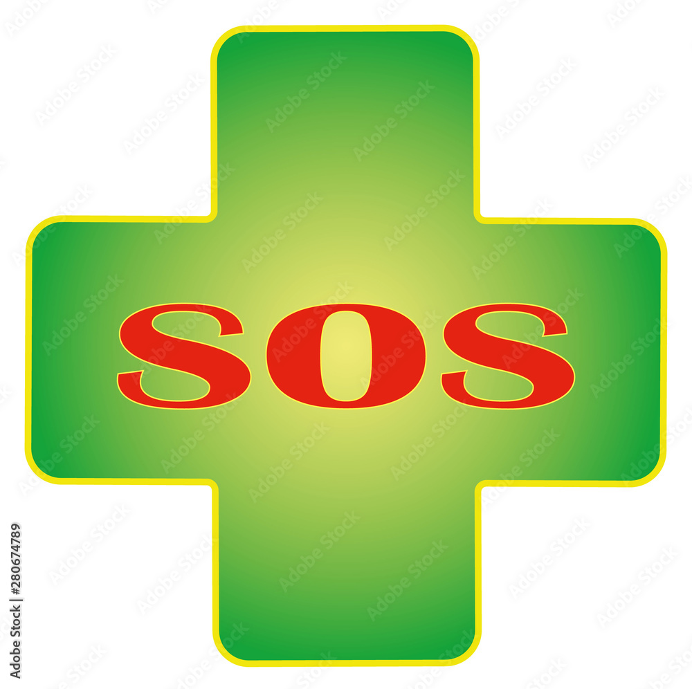 SOS. Health. Pharmacy. Medical cross, isolated, white healthcare Concept. .Illustration SOS. Health. Pharmacy. Medical cross, isolated, white healthcare Concept. .Illustration