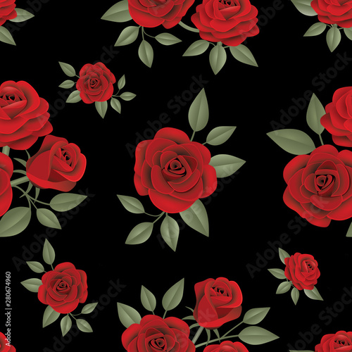 red roses seamless pattern on black background vector