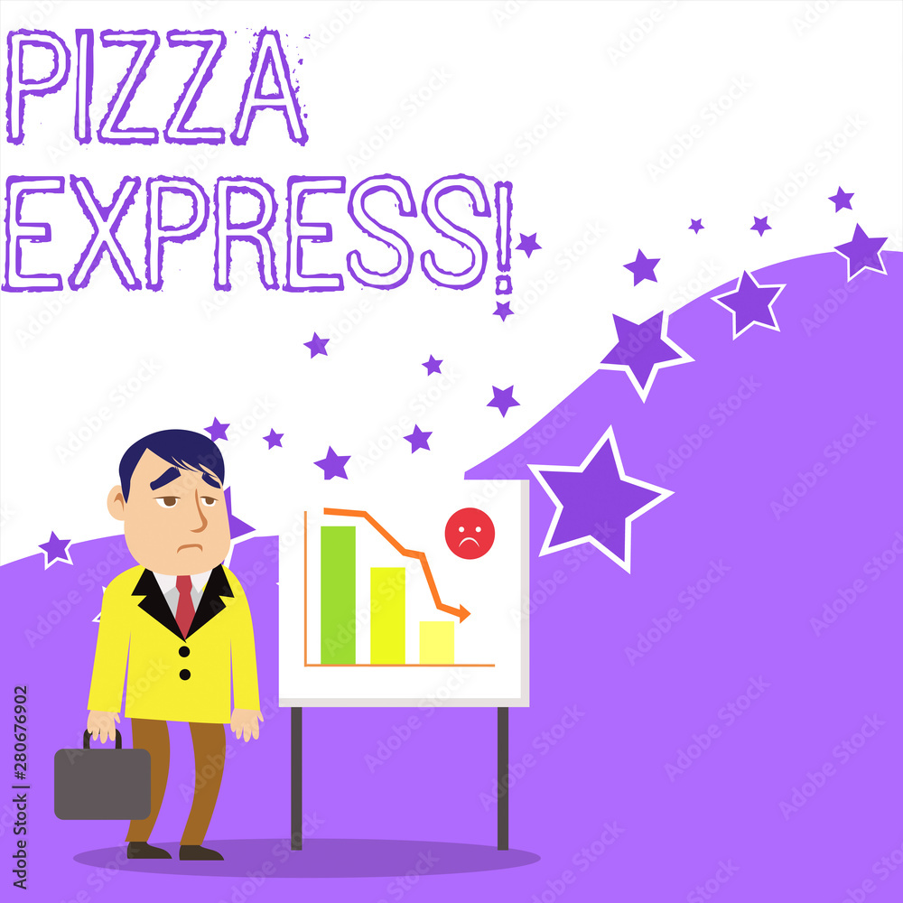 Text sign showing Pizza Express. Business photo showcasing fast delivery of pizza at your doorstep Quick serving Businessman Clerk with Brief Case Standing Whiteboard Declining Bar Chart Text sign showing Pizza Express. Business photo showcasing fast delivery of pizza at your doorstep Quick serving Businessman Clerk with Brief Case Standing Whiteboard Declining Bar Chart