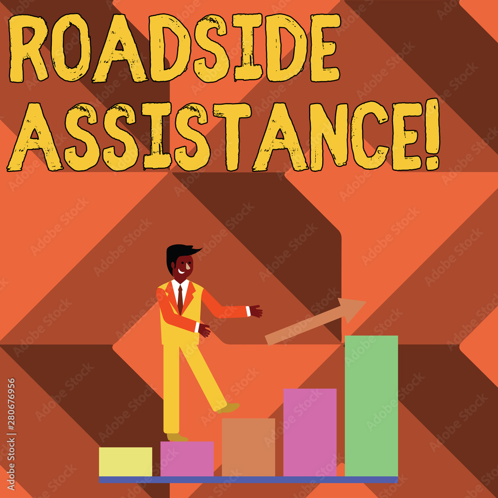 Text sign showing Roadside Assistance. Business photo showcasing helps drivers when their vehicle breaks down on the road Smiling Businessman Climbing Colorful Bar Chart Following an Arrow Going Up Text sign showing Roadside Assistance. Business photo showcasing helps drivers when their vehicle breaks down on the road Smiling Businessman Climbing Colorful Bar Chart Following an Arrow Going Up