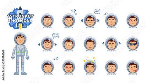 Big set of astronaut emoticons. Spaceman emojis showing different facial expressions. Happy, sad, smile, laugh, surprised, serious, dazed, kiss, in love and other emotions. Simple vector illustration