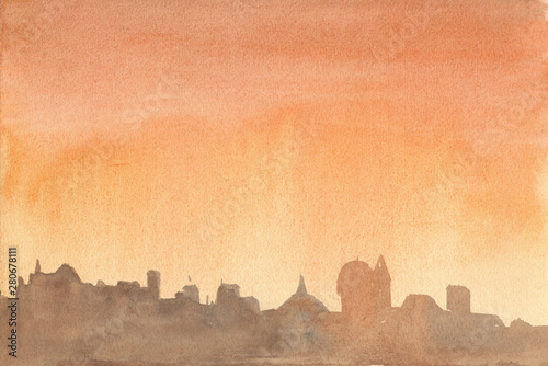 The sky with clouds over the city. Evening. Abstract orange watercolor background divorce. Watercolor illustration