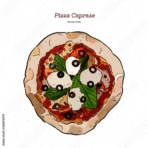 Pizza Caprese with mozzarella, tomatoes, olives and basil leaves .