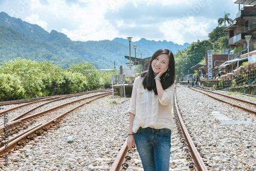 Single Asian girl at Shifen Station, Taiwan photo