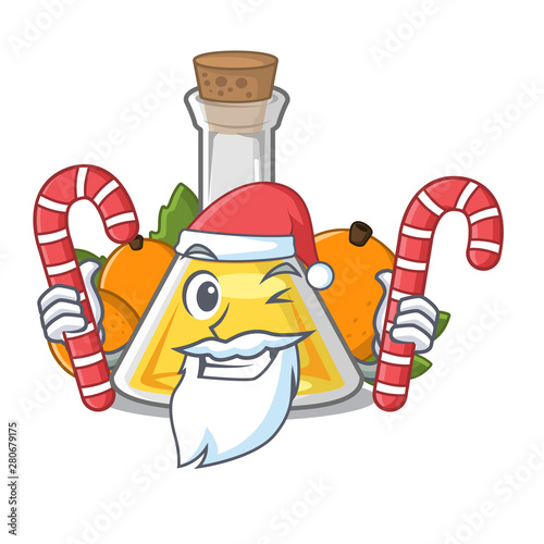 Santa with candy apricot oil above cartoon wood table