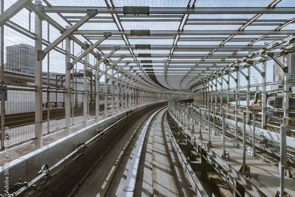 tunnel of monorail road view from front window of a moving train running tunnel of monorail road view from front window of a moving train running