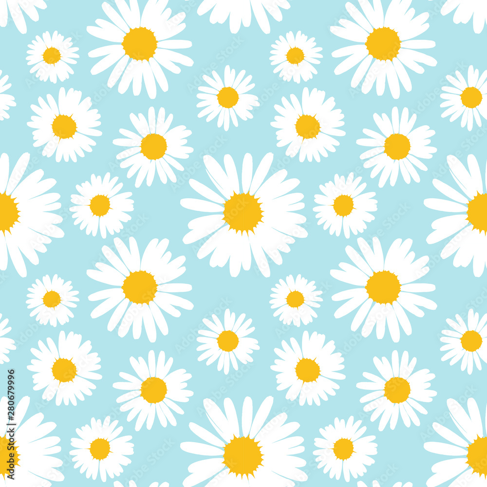 Seamless pattern with chamomile flowers on blue background.