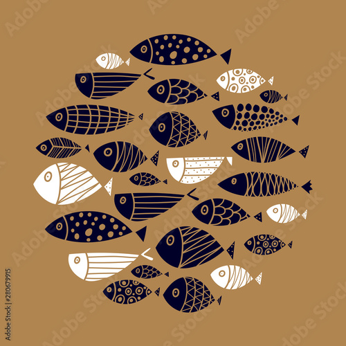 Cute fish card. Around motif with fish. Gold illustration.