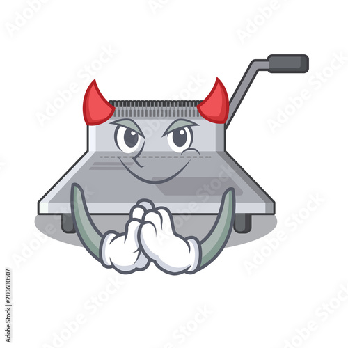 Devil binding machine above wood table cartoon