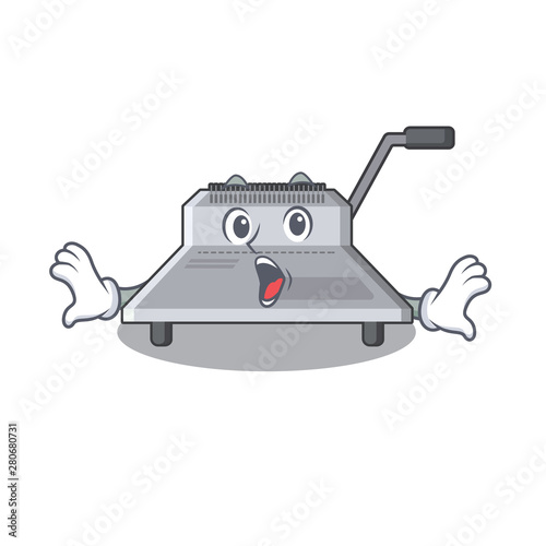 Surprised binding machine above wood table cartoon