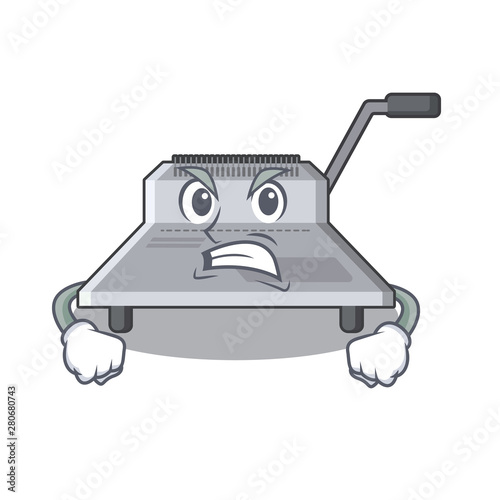 Angry binding machine above wood table cartoon