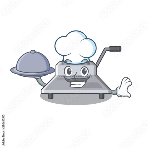 Chef with food binding machine above wood table cartoon