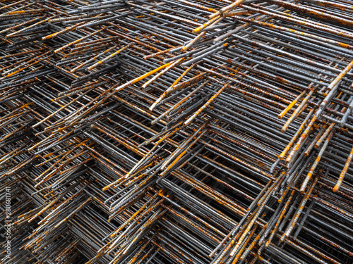Construction mesh for concrete reinforcement. Rusty bars for use on the construction site