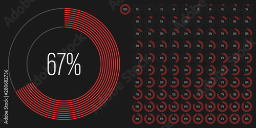 Set of circle percentage diagrams meters from 0 to 100 ready-to-use for web design, user interface UI or infographic - indicator with red