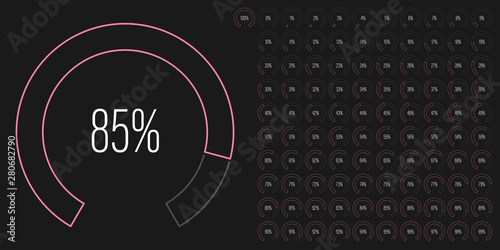 Set of circular sector percentage diagrams meters from 0 to 100 ready-to-use for web design, user interface UI or infographic - indicator with pink