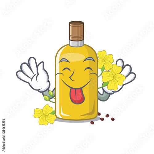 Tongue out canola oil poured into cartoon glass