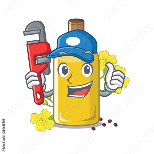 Plumber canola oil poured into cartoon glass