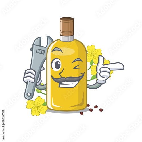 Mechanic canola oil poured into cartoon glass