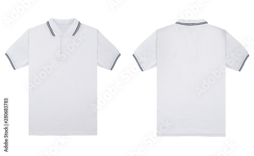 Blank plain polo shirt white color with black stripe isolated on white background. Set bundle pack polo shirt front and back view. ready for your mock up design project.