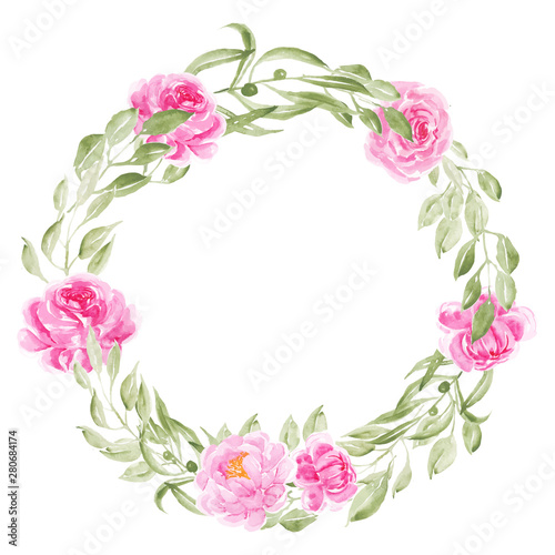 Fototapeta Naklejka Na Ścianę i Meble -  pink peony watercolor flowers wreath