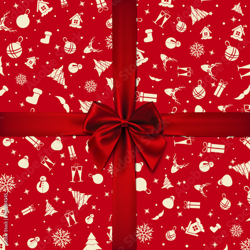 Vector - Red Bow over red Christmas wrapping paper. Christmas card. Happy New Year card.