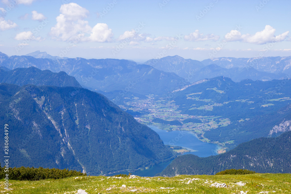 aerial view of Lake Hallstatt from 5 Fingers view point