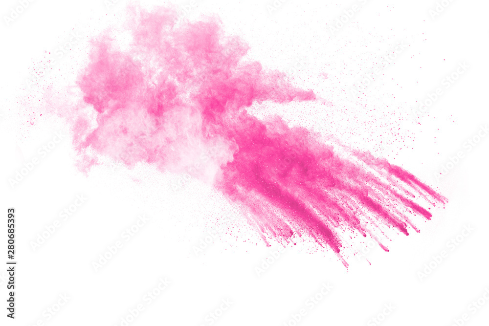 Pink powder explosion on white background. Pink dust splash cloud. Launched colorful particles.
