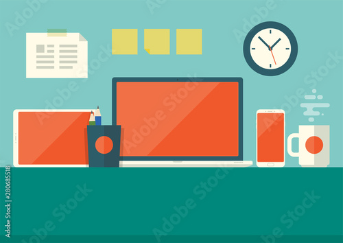 Flat business technology desktop workplace with gadgets  tablet  notes  clock and a cup of coffee icons vector illustration