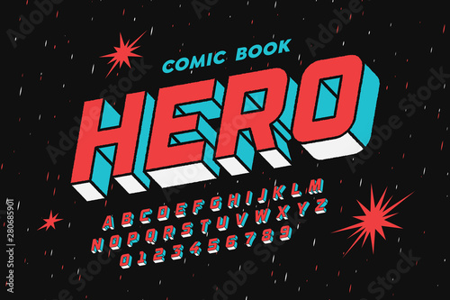 Comic book style font design, alphabet letters and numbers