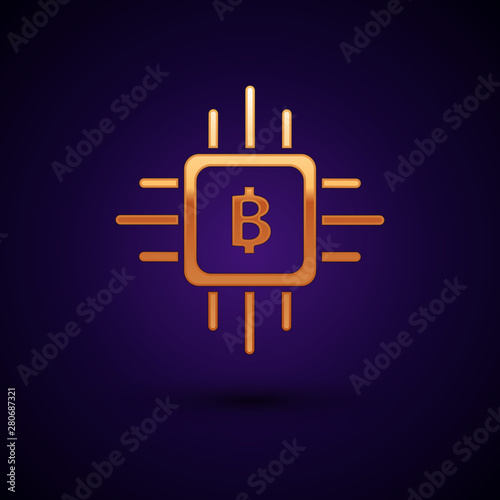 Gold CPU mining farm icon isolated on dark blue background. Bitcoin sign inside processor. Cryptocurrency mining community. Digital money. Vector Illustration