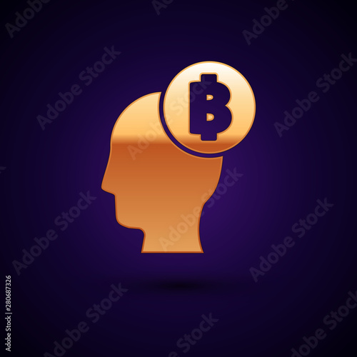 Gold Bitcoin think icon isolated on dark blue background. Cryptocurrency head. Blockchain technology, digital money market, cryptocoin wallet. Vector Illustration