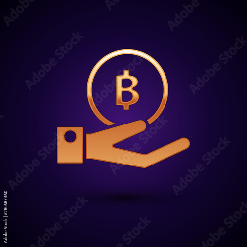 Gold Hand holding Bitcoin icon isolated on dark blue background. Blockchain technology, digital money market, cryptocoin wallet. Vector Illustration