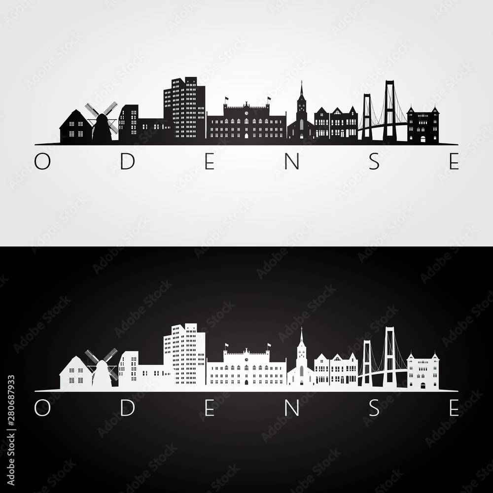 Odense skyline and landmarks silhouette, black and white design, vector illustration.