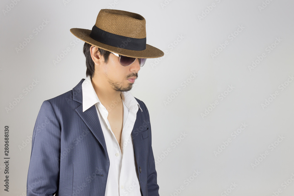 Portrait Man in Navy Blue Suit White Shirt and Hat and Glasses Fashion on Front Side View Portrait Man in Navy Blue Suit White Shirt and Hat and Glasses Fashion on Front Side View
