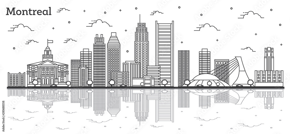 Outline Montreal Canada City Skyline with Modern Buildings and Reflections Isolated on White. Outline Montreal Canada City Skyline with Modern Buildings and Reflections Isolated on White.