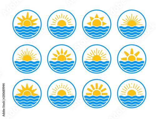 Sunrise over sea, ocean. Sunset over lake, river. Summer round labels, emblems with sun & waves. Set of flat symbols for travel & tourism. Colorful vector illustration