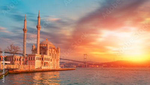 Ortakoy mosque and Bosphorus bridge at sunset - Istanbul, Turkey