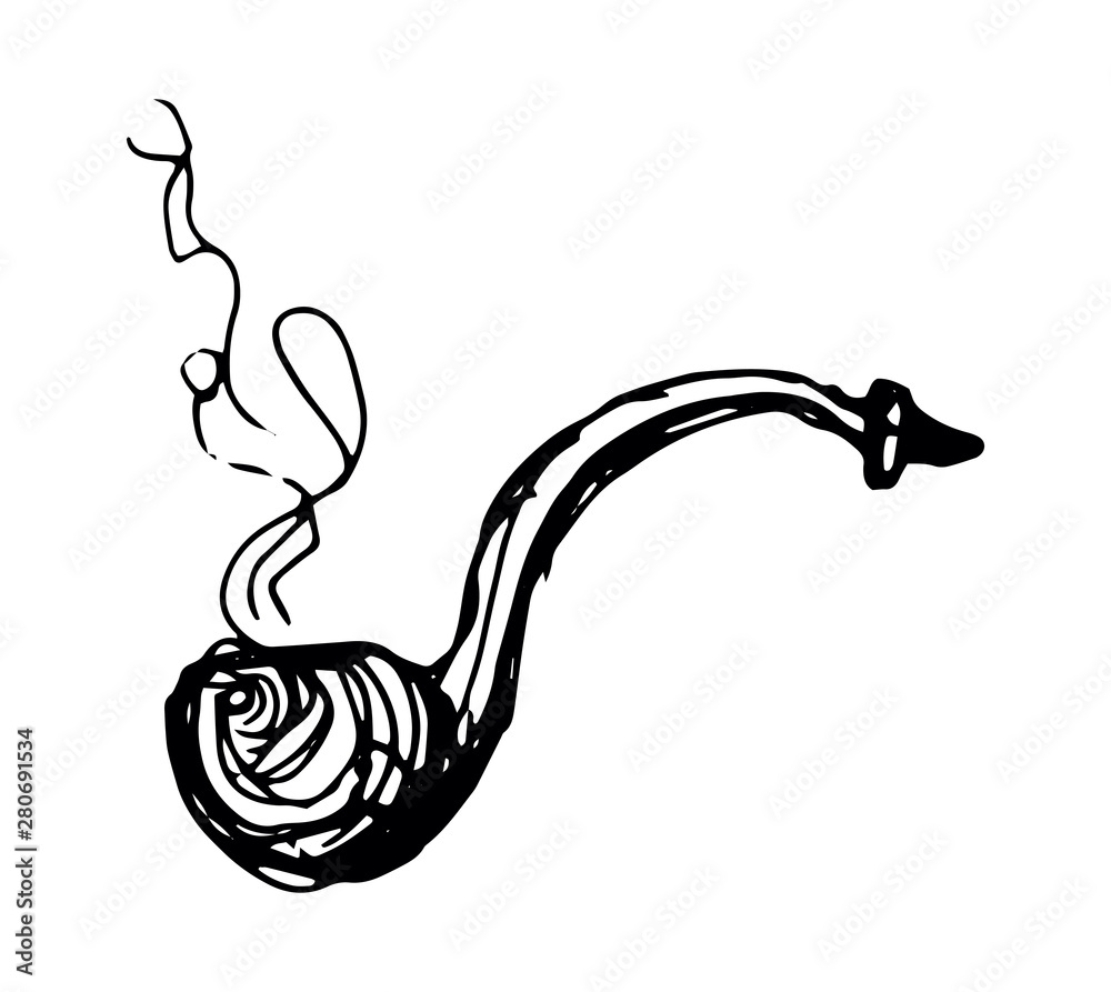 Fototapeta premium Smoking pipe. Hand drawn doodle black and white vector isolated illustration.