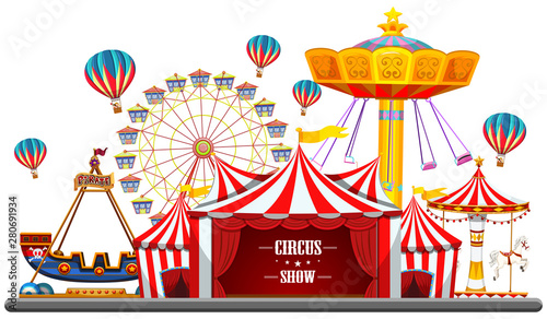 Circus event with tents, ferris wheel, rides games, ticket booth pirate ship isolated