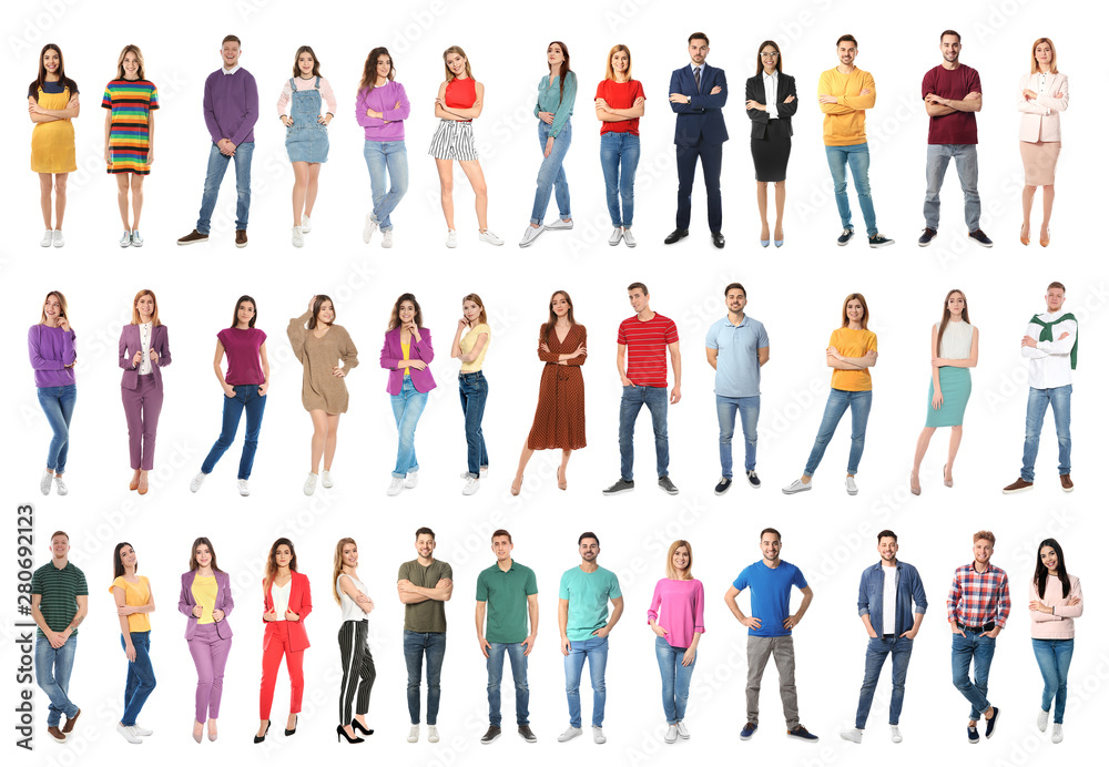Collage of attractive people on white background - obrazy, fototapety, plakaty 