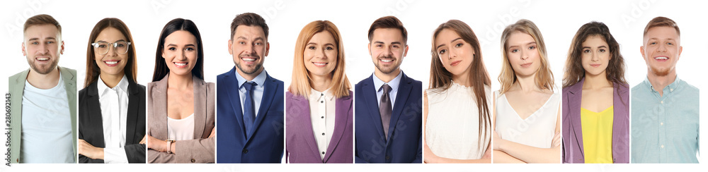 Collage of smiling people on white background. Banner design