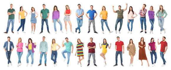Collage of emotional people on white background. Banner design