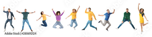 Fotografia, Obraz Collage of emotional people jumping on white background