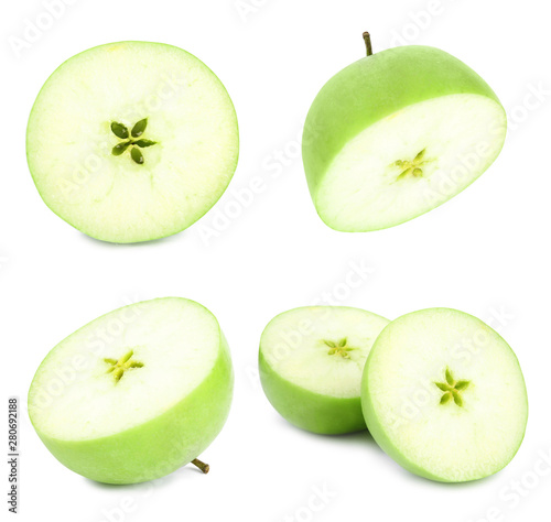 Fresh ripe green apple on white background