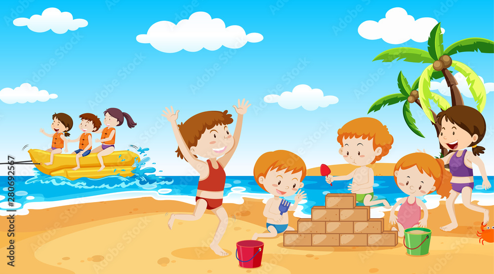 Active kids playing in outdoor scene