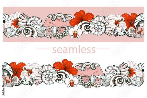 Composition of seashells and tropical flowers, seamless brush, vector illustration