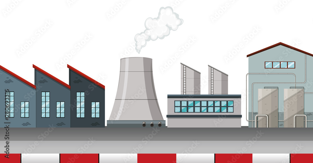 Factory scene with smoke stacks and cooling towers