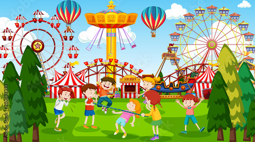 Active kids playing in outdoor scene